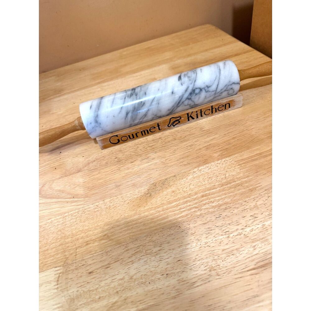 Vintage Marble Rolling PIn & Wood Holder